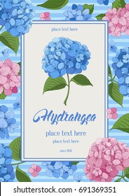 Vintage card with hand drawn floral elements in engraving style - gentle hydrangea. Vector illustration.