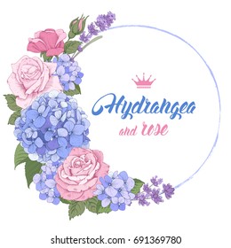 Vintage card with hand drawn flowers. Hydrangea, rose and lavender with space for your text. Can be used as a background for greeting card for Valentine's day, birthday or any other design. Vector. 