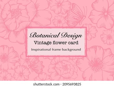 Vintage card hand drawn hibiscus and leaves flower floral wreath Floral frame for flower shop with label design Summer rose flower greeting card Floral background for cosmetic packaging