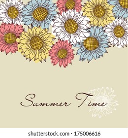 Vintage card with hand drawn multicolored sunflowers and place for your text