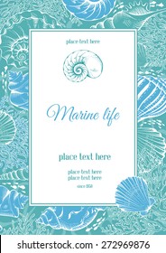 Vintage card with hand drawn sea elements - shells and corals. Vector illustration.