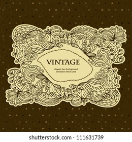 Vintage Card with hand-drawn lace frame on seamless brown polska-dot background.