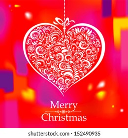 Vintage card. Hanging  Christmas Heart bauble on thread.  vector illustration 