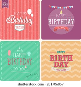 Vintage card - Happy birthday set. Vector illustration.