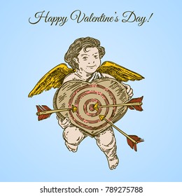 Vintage card. Happy Valentine's day. Flying Cupid holding a target - heart with arrows. Engraving style. Color. Vector illustration.