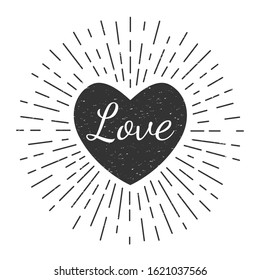 Vintage card with heart and rays Sunburst. congratulatory inscription love. flat vector illustration isolated on white background in linear style.