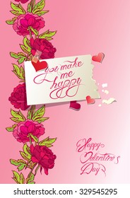 Vintage card, hearts and old paper peace with handwritten calligraphic text - you make me happy, on  floral pink background. Happy Valentines Day card with love.