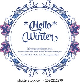 Vintage card hello winter with ornate of abstract pink wreath frame. Vector