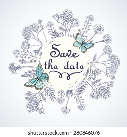 Vintage card with herbs and butterflies.  Watercolor. Vector illustration. Illustration for greeting cards, invitations, and other printing projects.