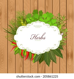 Vintage card with herbs and spices on a wooden background