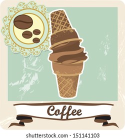 Vintage card with ice cream, flavor coffee, vector illustration