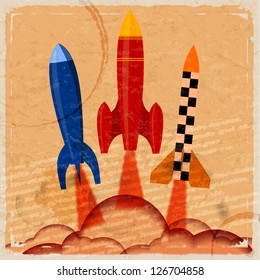 Vintage card with the image of rocket launch