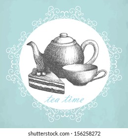 Vintage card or invitation design with hand drawn tea ceremony elements.