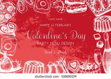 Vintage card or invitation design for Valentine's Day celebration. Vector frame with hand drawn food and drinks sketch. Cafe or restaurant menu template.