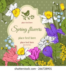 Vintage card for invitation or other life events. Hand drawn spring garden flowers on green polka dot background. Vector illustration.