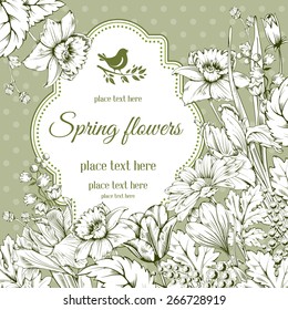Vintage card for invitation or other life events. Hand drawn spring garden flowers on green polka dot background. Vector illustration.
