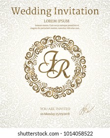 Vintage card, Invitation, Wedding template. Vignette background. Golden design. Vintage frame design