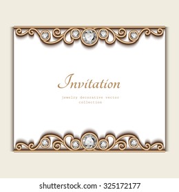 Vintage card with jewelry diamond decoration, elegant wedding invitation or announcement template, vector illustration