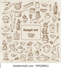Vintage card with kitchen utensils and place for your text. Vector illustration.