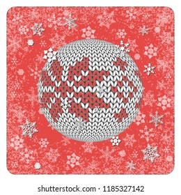 Vintage card. Knitting. Ball Toy. Snowflakes background. White elements, red background, frame. For New Year and Christmas projects