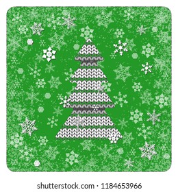 Vintage card. Knitting. Christmas tree. Snowflakes background. White elements, green background, frame. For New Year and Christmas projects