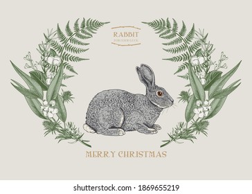 Vintage card with leaves and rabbit. Vector illustration. Merry Christmas.