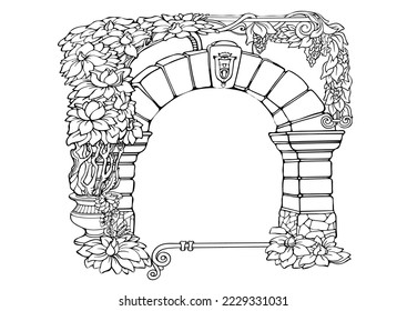 Vintage card with liana branches and stone arch. Vector illustration.