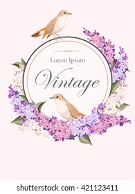 Vintage card with lilac and birds