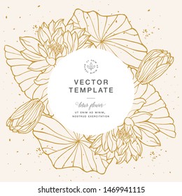 Vintage card with lotus flowers. Floral wreath. Flower frame for flowershop with label designs. Floral water lily greeting card. Flowers background for cosmetics packaging
