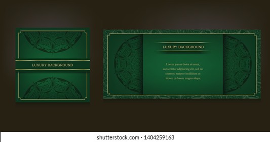 Vintage card and luxury ornamental mandala design background in dark green and gold colour.