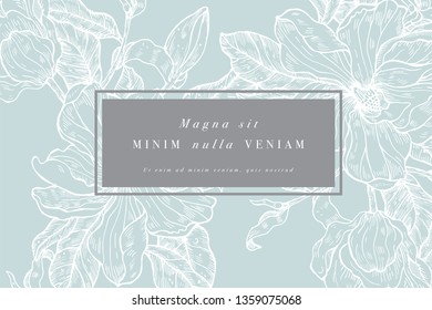 Vintage card with magnolia flowers. Floral wreath. Flower frame for flowershop with label designs. Summer floral magnolia greeting card. Flowers background for cosmetics packaging