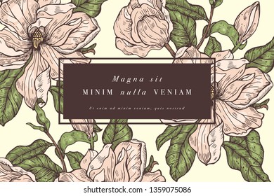 Vintage card with magnolia flowers. Floral wreath. Flower frame for flowershop with label designs. Summer floral magnolia greeting card. Flowers background for cosmetics packaging