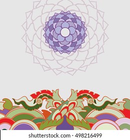 Vintage card with mandala ornament and dragon tails. Vector illustration. Crown chakra, sahasrara symbol. Concept for yoga, beauty salon, spa, gift voucher, banner, card, template.