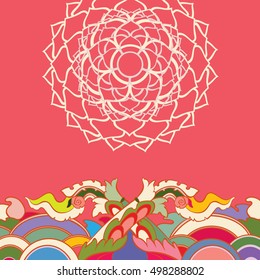 Vintage card with mandala ornament and dragon tails. Vector illustration. Crown chakra, sahasrara symbol. Concept for yoga, beauty salon, spa, gift voucher, banner, card, template.

