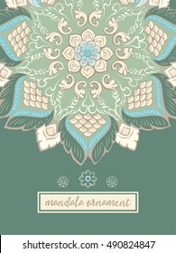 Vintage card with mandala ornament on the green background. Vector illustration. Concept for yoga, beauty salon, spa, banner, postcard, template.