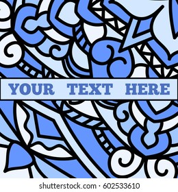 Vintage card with mandala ornament and ornaments. A beautiful leaflet with a blue mandala pattern and ribbon for your text. Vector illustration.