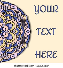 Vintage card with mandala pattern and ornament.Beautiful floral mandala with place for your text on a yellow background.Vector illustration.