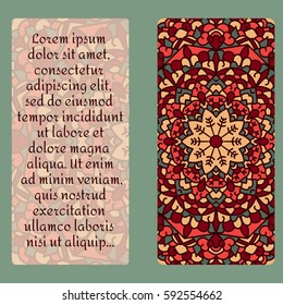 Vintage card with  mandala pattern and ornament.Vector leaflet oriental design layout.Beautiful floral mandala with place for your text.Vector illustration.Decorative label