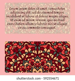 Vintage card with  mandala pattern and ornament.Vector leaflet oriental design layout.Beautiful floral mandala with place for your text.Vector illustration.Decorative label
