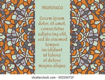 Vintage card with  mandala pattern and ornament.Vector leaflet oriental design layout.Beautiful floral mandala with place for your text.Vector illustration.Decorative label