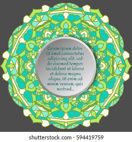 Vintage card with mandala pattern and ornament.Vector leaflet oriental design layout.Beautiful floral mandala with place for your text.Vector illustration.Decorative label.