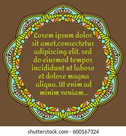 Vintage card with mandala pattern and ornament.Vector leaflet oriental design layout.Beautiful floral mandala with place for your text.Vector illustration.Decorative label.