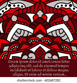 Vintage card with mandala pattern and ornament.Vector leaflet oriental design layout.Beautiful floral mandala with place for your text.Vector illustration.Decorative label.