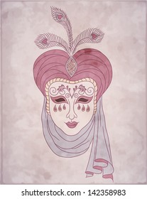 Vintage card for Mardi Gras. Decorative carnival venetian mask on pink background. Vector Illustration.