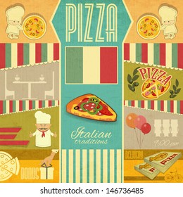 Vintage card Menu for Pizzeria. Set of Pizza Cards in Retro Style. Vector Illustration.