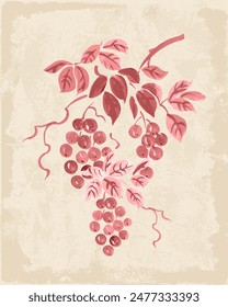 vintage card with monochrome bunch of grapes with leaves on grunge paper background. oriental watercolor painting