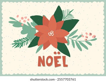 Vintage card with Noel hand lettering in French with Traditional Christmas symbols and decorations for festive projects, invitations, wall posters, social media and for home, crafts and goods