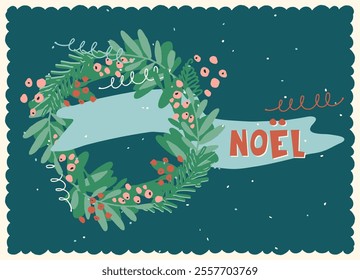 Vintage card with Noel hand lettering in French with Traditional Christmas symbols and decorations for festive projects, invitations, wall posters, social media and for home, crafts and goods