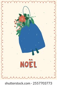 Vintage card with Noel hand lettering in French with Traditional Christmas symbols and decorations for festive projects, invitations, wall posters, social media and for home, crafts and goods