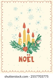 Vintage card with Noel hand lettering in French with Traditional Christmas symbols and decorations for festive projects, invitations, wall posters, social media and for home, crafts and goods